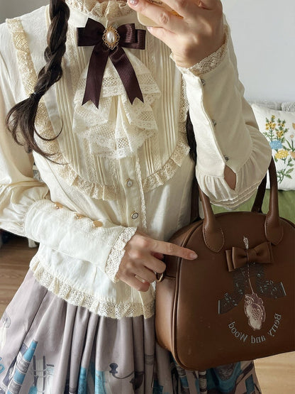 Beige Leg-of-Mutton Sleeves Lace Trim Elegant Blouse - Dream Whale