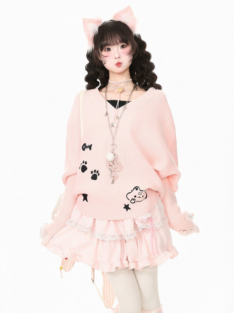 Pink Two-Piece Look Batwing Sleeve Sweater with Kitten Themed Embroidery - Languid Park