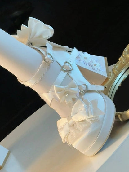 Block High with Sakura Details Bowknot White Platform Themed Satin Lolita - Heels
