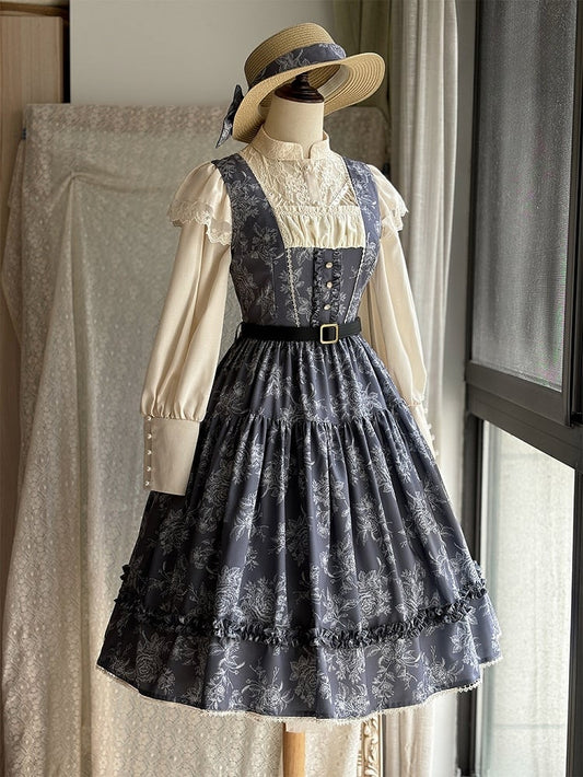 Gray & White Rosette Print Elegant Classic Lolita JSK Dress with Lace Trim
