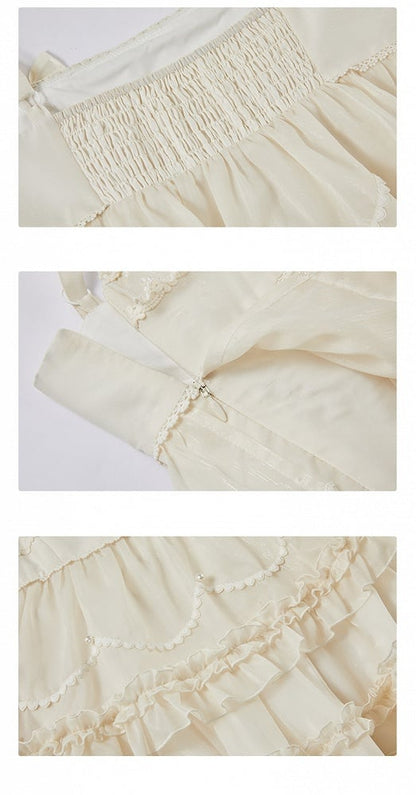 Beiges süßes Lolita-Kleid mit Schleifenakzenten und Rüschenbesatz