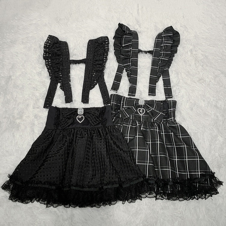 Abnehmbarer Kei-Rock mit schulterhohen Trägern / karierter Jirai-Overall mit schwarzer Taille