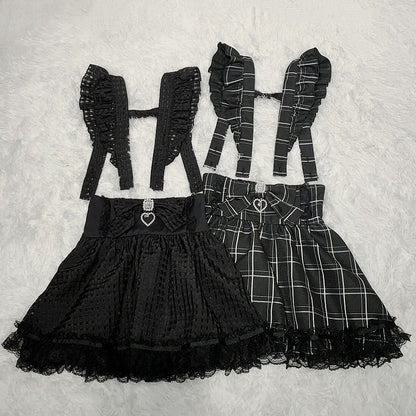 Abnehmbarer Kei-Rock mit schulterhohen Trägern / karierter Jirai-Overall mit schwarzer Taille