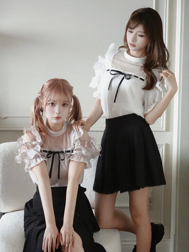 Plus Size Dusty Pink Seiso-kei Cutout Shoulder Blouse with Tulle Panel and Ruffle Accents - Smyster