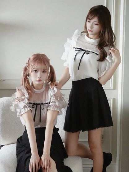 Plus Size Dusty Pink Seiso-kei Cutout Shoulder Blouse with Tulle Panel and Ruffle Accents - Smyster