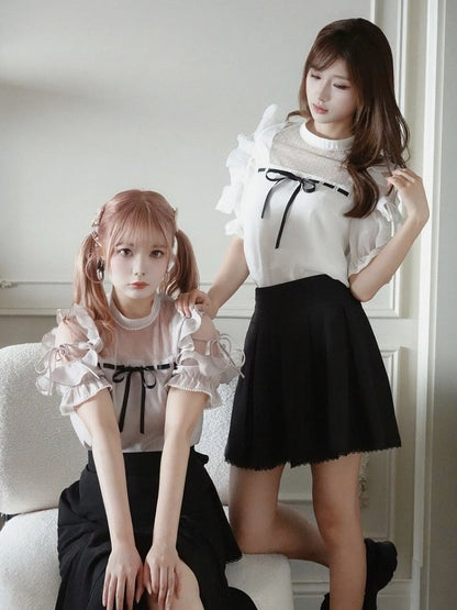 Plus Size White Seiso-kei Cutout Shoulder Blouse with Tulle Panel and Ruffle Accents - Smyster