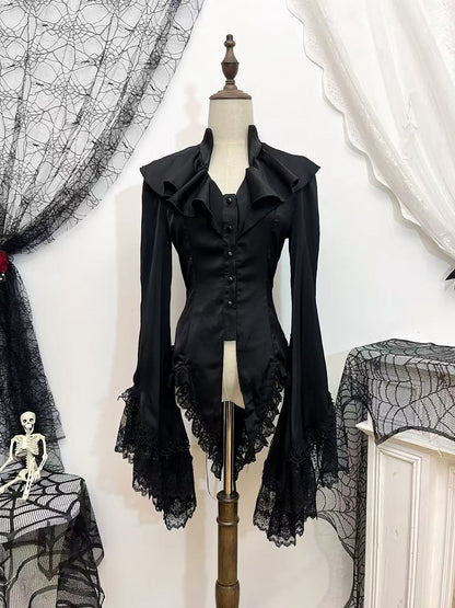 Sleeves Split-tail Shirt Lolita With Bell Black Ouji Gothic Lace Trim And