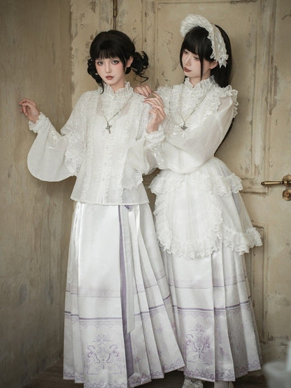 ロングスカート 花柄袖 パープル + ロリータプリント 漢馬顔とライトブラウス ホワイトセット フルスネーク