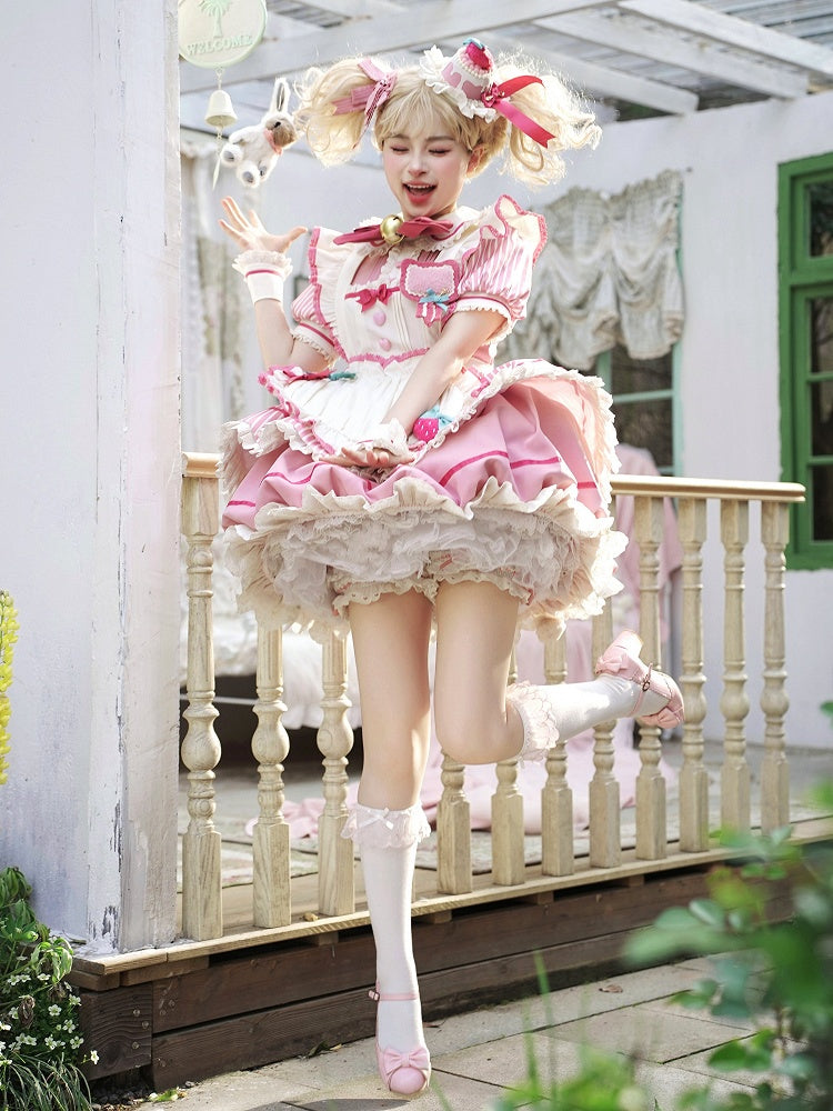 Strawberry Theme Sweet Lolita OP with Apron, Sakura Pink Striped Pattern - Sakurahime