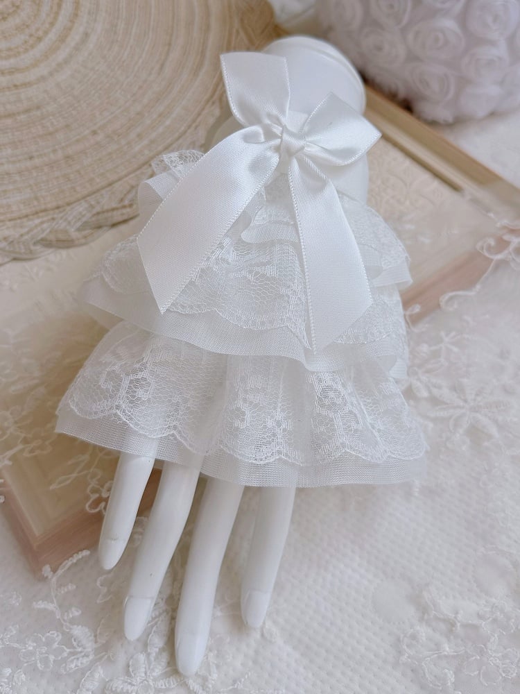 Pink/White/Black Bow Wrist Three-layered Cuffs Lace