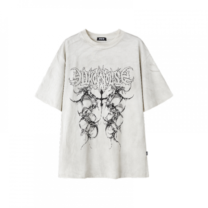 Vintage Distressed Baumwoll T-Shirt Schwarz/Weiß Wash Punk Print Verblasst