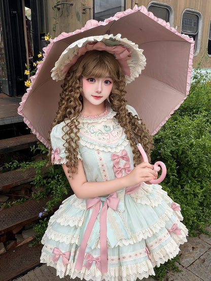 Mint Green Round Neck Short Sleeve Layered Ruffle Lolita OP with Apple Embroidery - Yinying Lolita