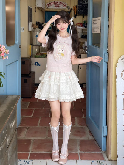 Pink Yume Adorable T-Shirt Bunny Applique Round Neck Kawaii