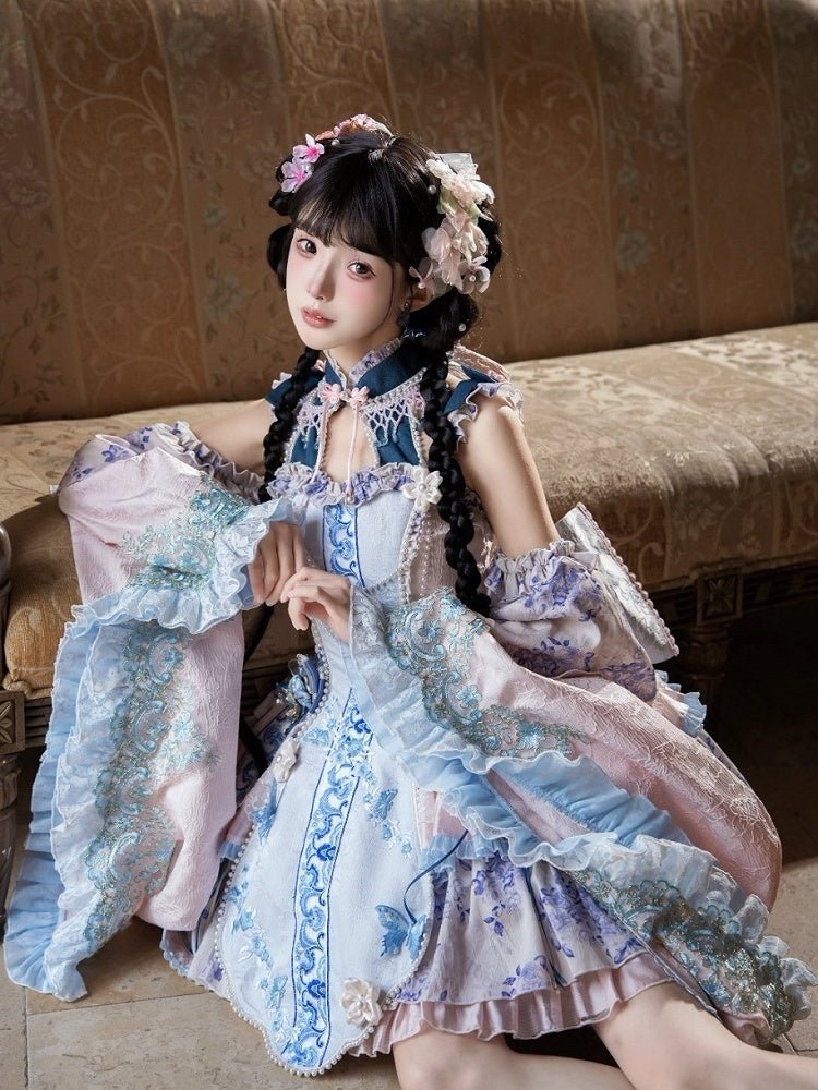 Porcelain Theme Qi Lolita Short Skirt Dress Set with Floral Print - Your Highness
