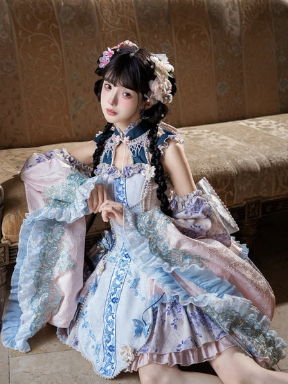 Porcelain Theme Qi Lolita Short Skirt Dress Set with Floral Print - Your Highness