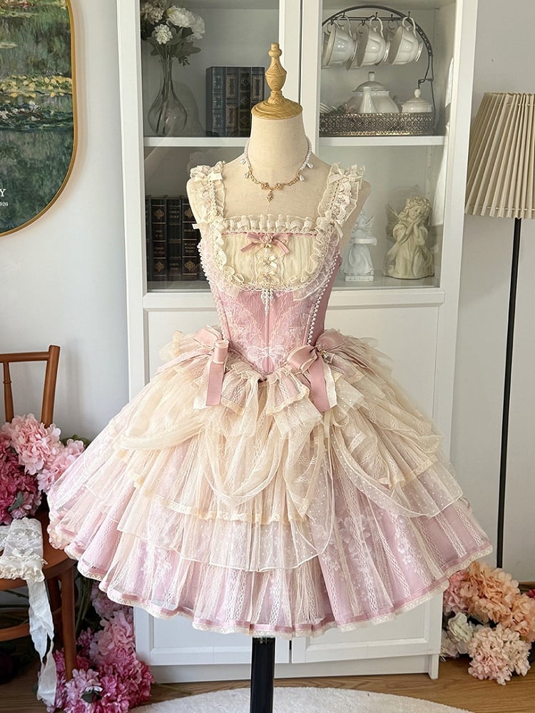 Lolita Balletcore Princess + Pink Floral Corset Top Print Boned Skirt Light