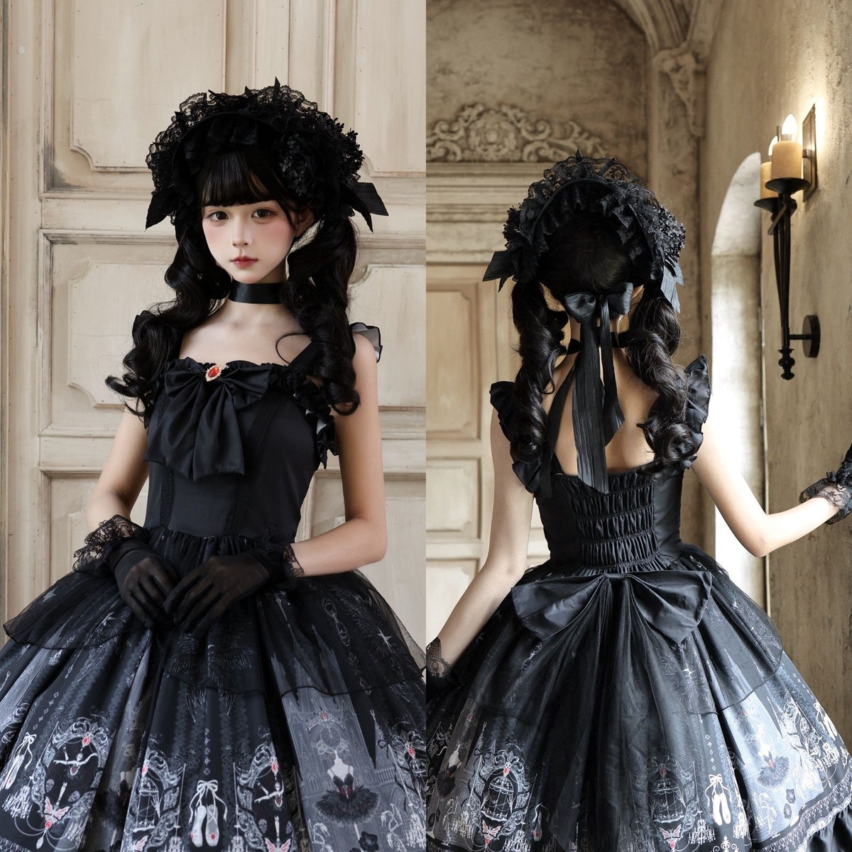 Black Midnight Ballet Gothic Lolita JSK front and back views