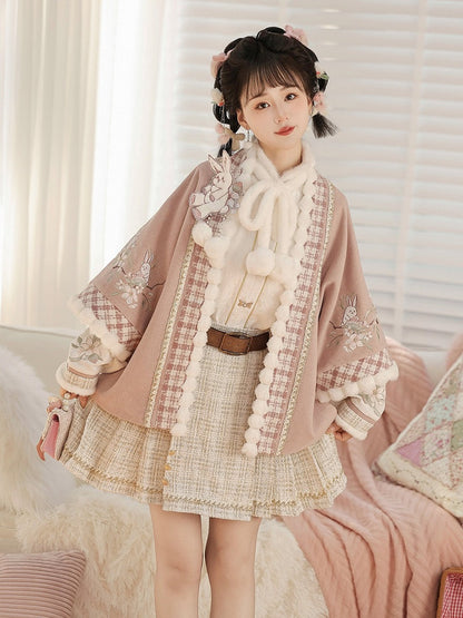 Hanfu-Style Fuzzy Long Sleeve Blouse with Pink Rabbit Embroidered Coat and Pleated Mini Skirt Set - Han Ru Chu Hanfu &amp; Han-Element Studi
