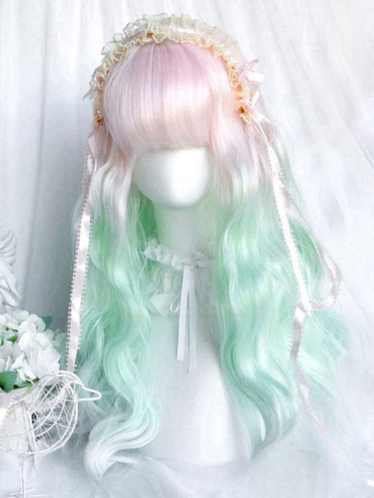 Hellrosa und Grün Ombre Unterbrustlange gewellte Perücke mit vollem Pony