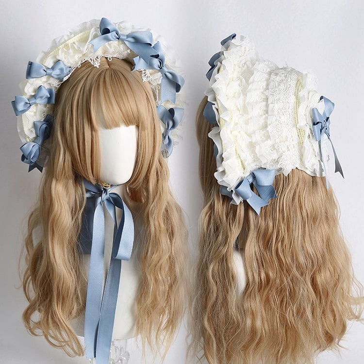 Farben: Abnehmbare Lolita-Haube mit Schleife, Spitzenbesatz und süßem, elegantem Beige 12