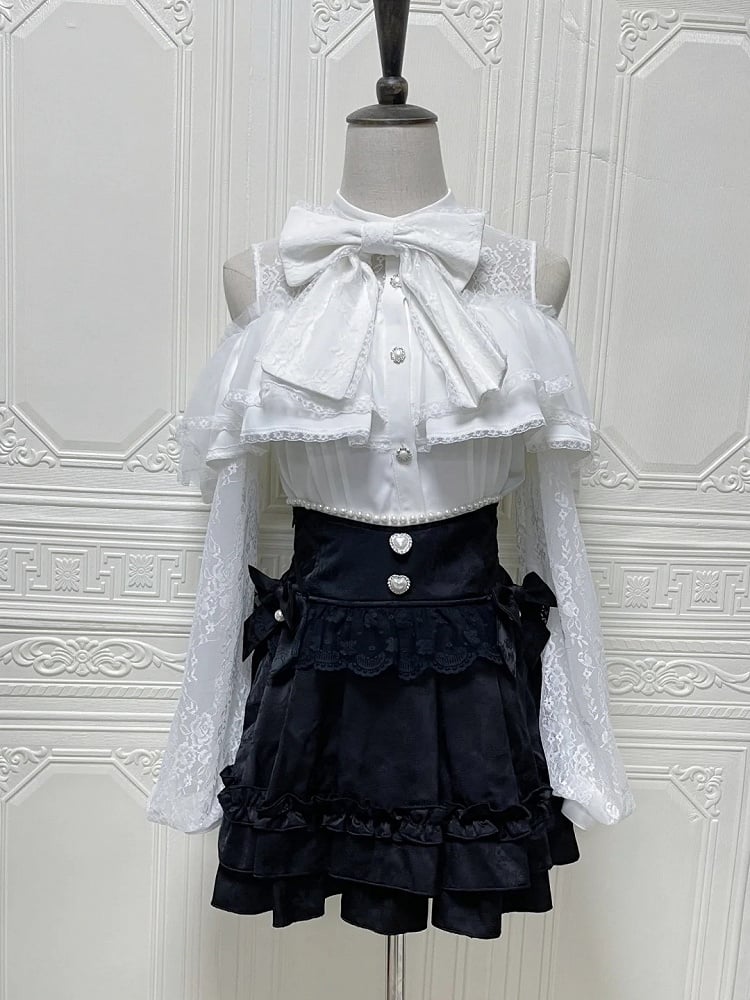 Jirai Tiered Skirtwith LaceBead Decorations|Elegant Jacquard Kei Style Black