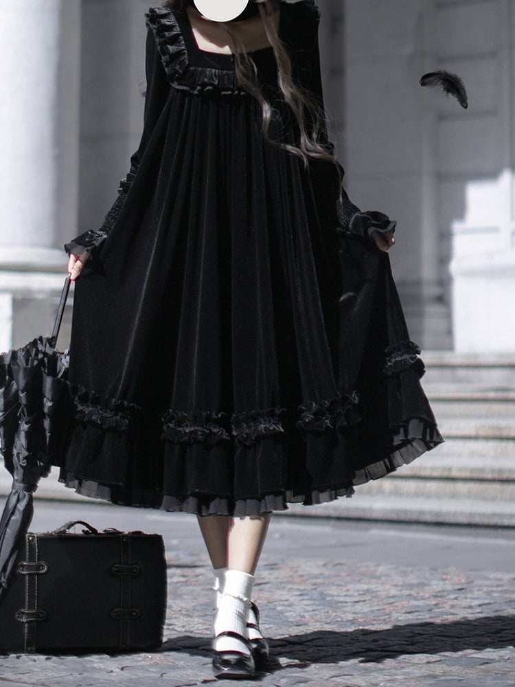 Square Dress Velvet Black Elegant Neckline