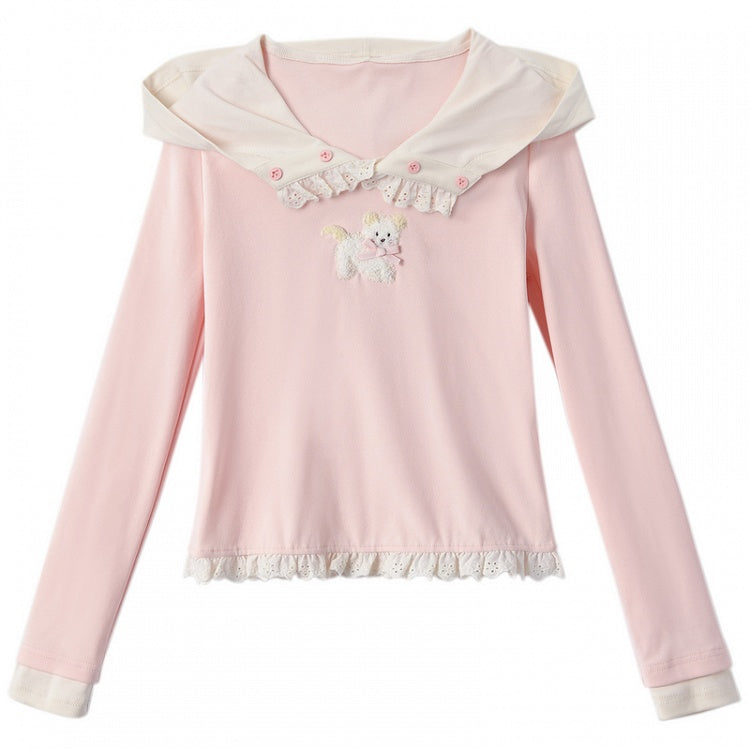 Rosa Plüsch-Top mit Welpenmuster und Rüschenbesatz aus Spitze