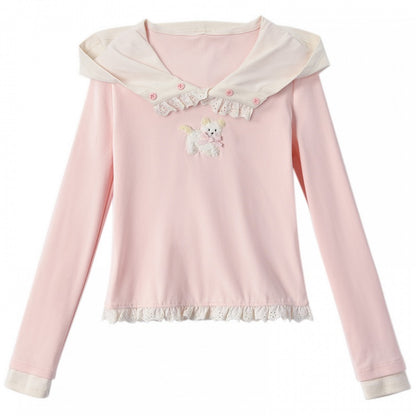 Rosa Plüsch-Top mit Welpenmuster und Rüschenbesatz aus Spitze