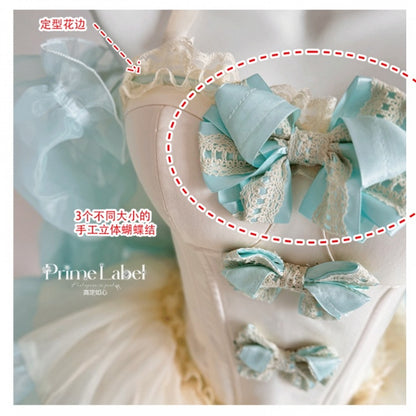 Grünes Mieder-Korsett-Oberteil mit Schleifenverzierung und bauschigem Rock, gelbes Balletcore-Set