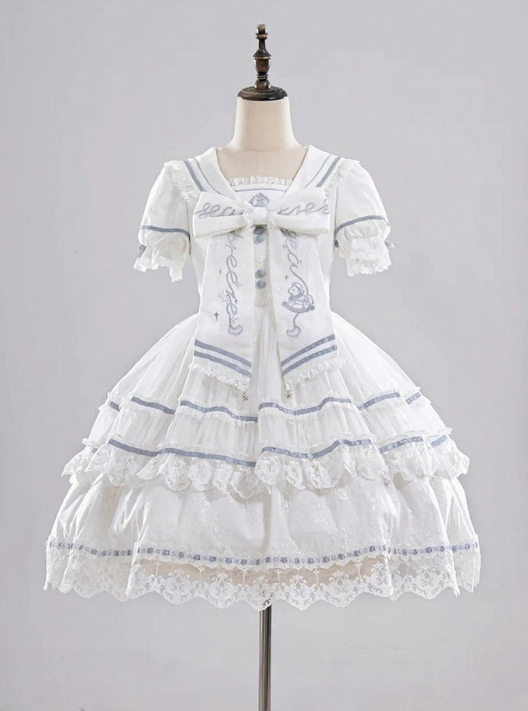 Ivory and Azure Lace Sailor Gown with Stitched Accents - Honey Machine