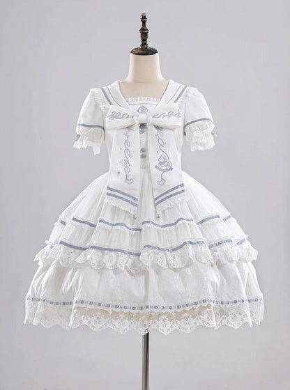 Ivory and Azure Lace Sailor Gown with Stitched Accents - Honey Machine