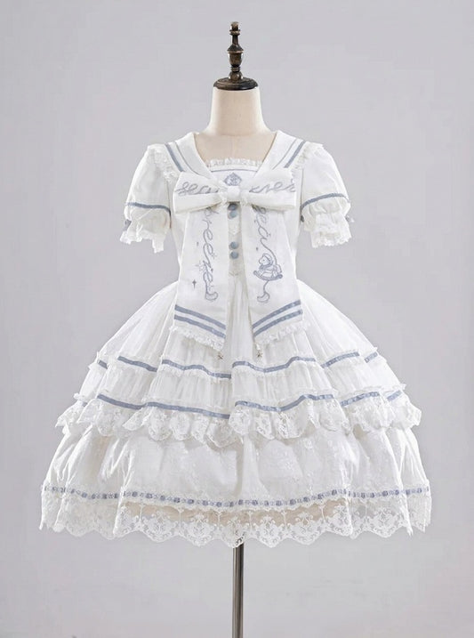 Robe de soirée marin en dentelle ivoire et azur avec accents cousus - Honey Machine