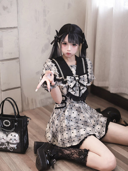 Jirai Kei Sailor Collar Black Polka Dot Bow Dress - Ekomi