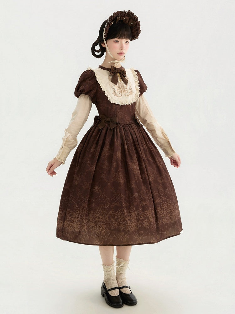 Bodice Lolita Long and Classic Floral Brown One Piece Embroidery Version Bowknot