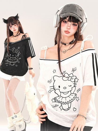 Schwarz/weißes Top mit schulterfreiem Ausschnitt und Kätzchen-Print