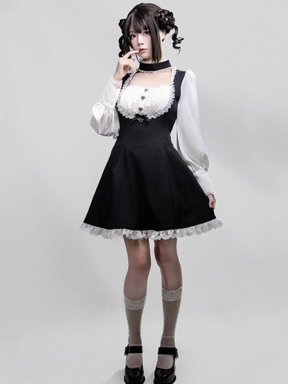 One-Piece Long with Jirai Choker Lace Sleeve White Kei Details Dress Black Design