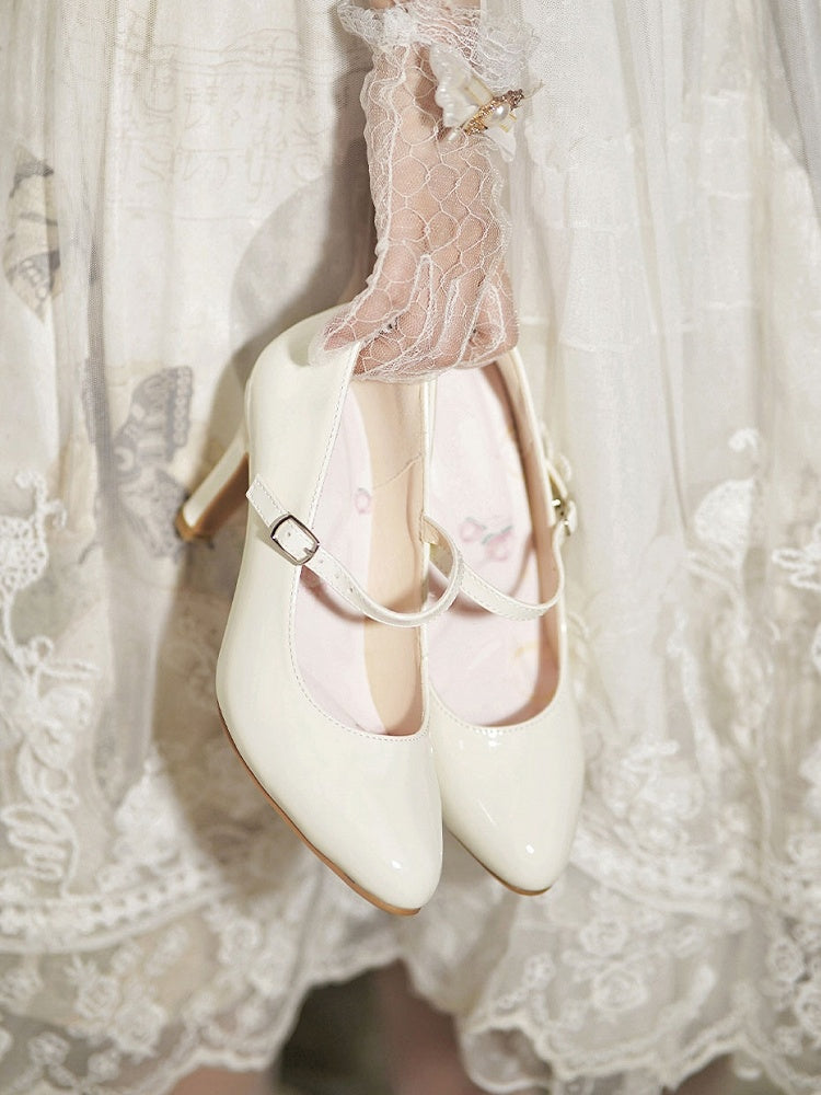 Pointed Closure for Elegant with Buckle Mid-heel/High-heel Ornate Janes Lolita White - Toe Mary