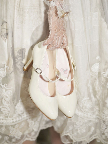 Pointed Closure for Elegant with Buckle Mid-heel/High-heel Ornate Janes Lolita White - Toe Mary