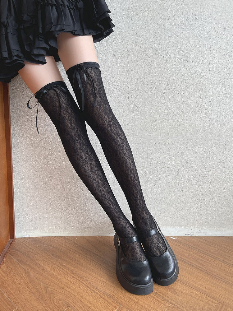 Milk White/Black Bowknot Overknee Stockings Floral Pattern Details