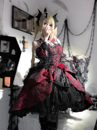 Black and Red Gothic Rosette Fabric High-low Skirt Dress Lolita JSK with Sleeves and Collar