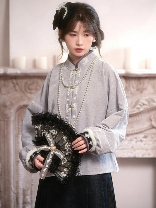 Graues Oberteil im Cheongsam-Stil mit Stehkragen und langen Ärmeln