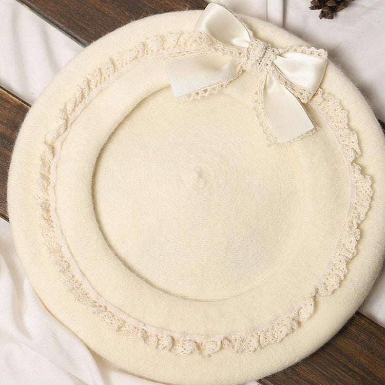 Lolita Beige Sweet Beret Satin Lace Bowknot