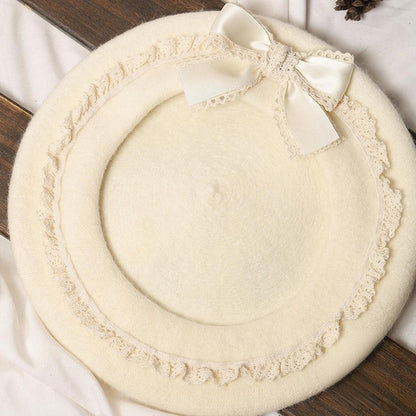 Lolita Beige Sweet Beret Satin Lace Bowknot