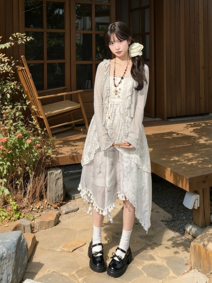 Kei Cheongsam Hem Asymmetrical Tassel Mori Slip Dress Jacquard Style Gray