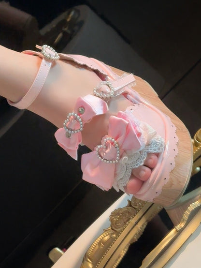 Heart Gyaru Beaded - Bow Wedge Pink Accents Platform Buckles Hime Sandals