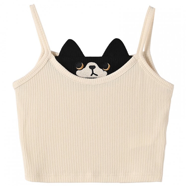Schwarzes Kitty Design – Glamouröses, kurzes Cami-Top in Weiß