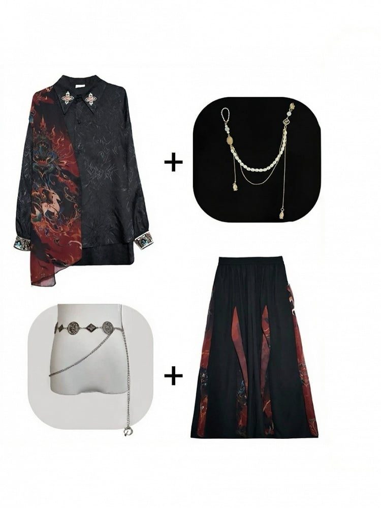 Set Pants BlackRed Pendant + Chain Shirt Embroidered Chinese-style Hanfu Waist