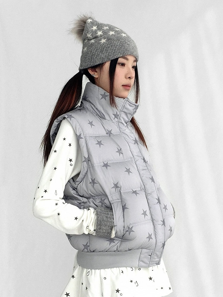Trim Detachable Sleeves Wear Jacket Removable with Gray Plush Pattern Star Down Hood Multi-way
