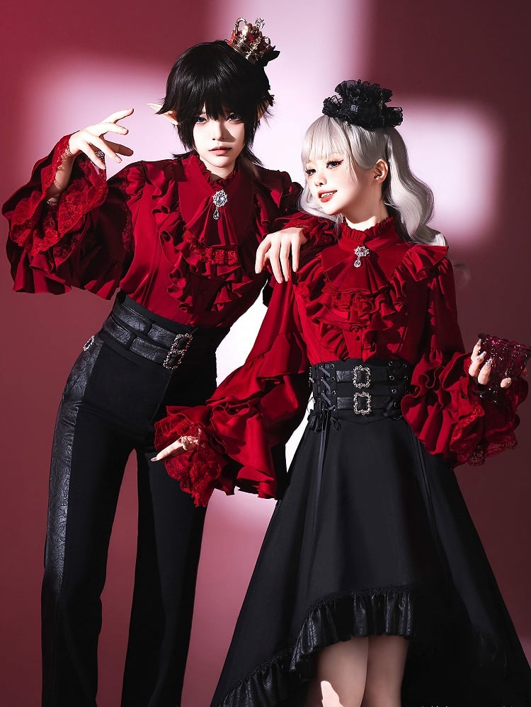 Vampire Sleeves Wine Ouji Long Lolita Shirt Red Neckline Ruffle