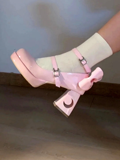 Ausschnitt im Fersendesign im Pink-Stil – Janes Y2K Bow Moon Star Leather Mary Platform PU